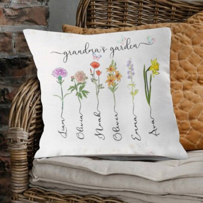 Personalised Grandma's Garden Birth Flower Pillow With Grandkids Name For Mother's Day