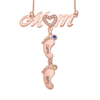 Personalised BabyFeet Mum Name Necklace With Birthstones 1-10 Charms Pendants