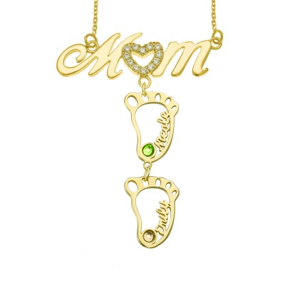 Personalised 1-10 Hollow BabyFeet Name Mum Necklace With Birthstones