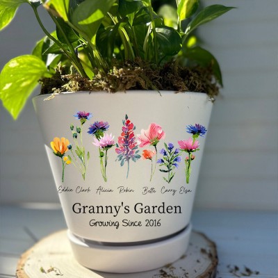 Personalised Granny's Garden Outdoor Flower Pot With Grandchildren Name and Birth Flower For Christmas Gift