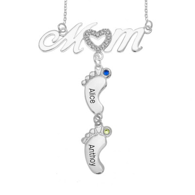 Silver Personalised BabyFeet Mum Name Necklace With Birthstones 1-10 Charms Pendants
