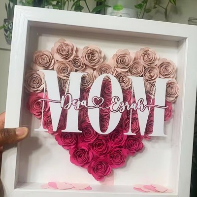 Personalised Mum Heart Flower Shadow Box With Kids Name For Mother's Day Birthday