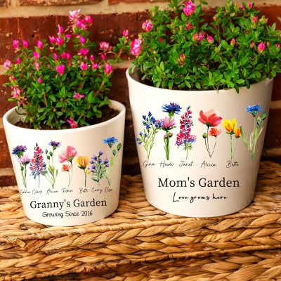 Personalised Birth Flower Outdoor Flower Pot With Kids Name For Mom Grandma Christmas Gift