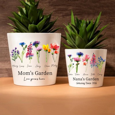 Personalised Birth Flower Outdoor Flower Pot With Kids Name For Mom Grandma Christmas Gift