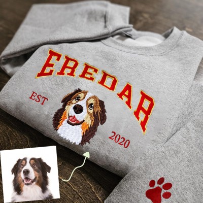 Personalised Dog Face Embroidered Sweatshirt Varsity Style For Pet Lover Gifts