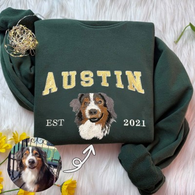 Personalised Dog Face Embroidered Sweatshirt Varsity Style For Pet Lover Gifts