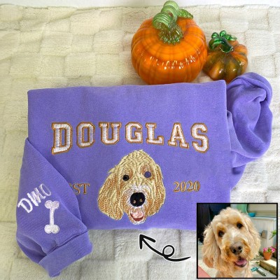 Personalised Dog Face Embroidered Sweatshirt Varsity Style For Pet Lover Gifts