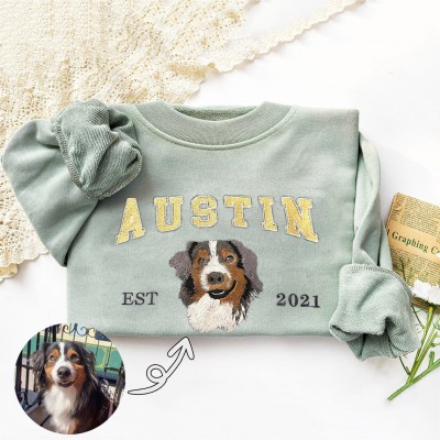 Personalised Dog Face Embroidered Sweatshirt Varsity Style For Pet Lover Gifts
