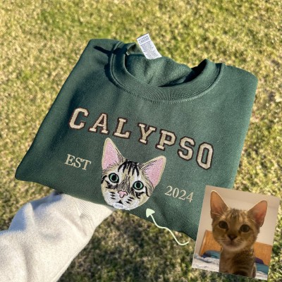 Personalised Cat Face Embroidered Sweatshirt Varsity Style For Pet Lover Gifts