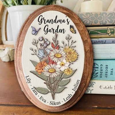 Custom Grandma's Garden Birth Flower Bouquet Art Oval Wood Sign For Mom Grandma Christmas Gift
