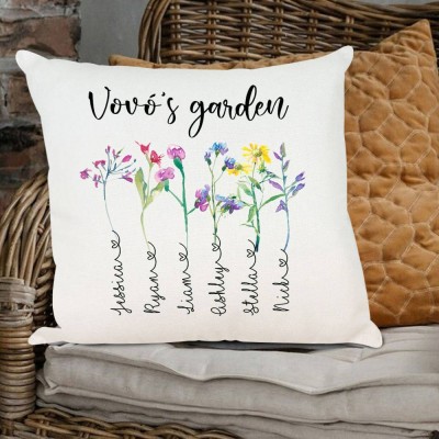 Personalised Grandma's Garden Pillow Birth Month Flower With Grandkids Name For Mother's Christmas Day
