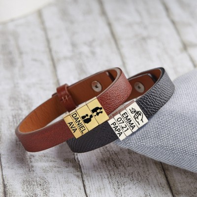 Custom Handmade Name Bracelet With Leather Band For Father Gifts Ideas