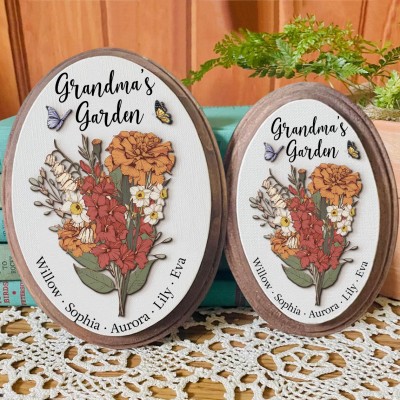 Custom Grandma's Garden Birth Flower Bouquet Art Oval Wood Sign For Christmas Gift