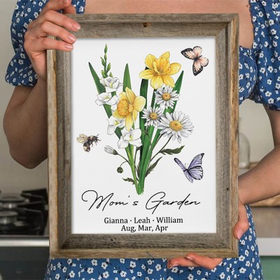 Custom Mum's Garden Birth Flower Family Bouquet Wood Sign Art With Kids Name For Christmas Day Gift Ideas