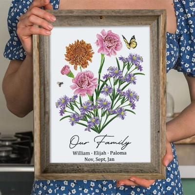 Custom Birth Flower Family Bouquet Wood Sign Art With Kids Name For Mum Grandma Christmas Day Gift Ideas