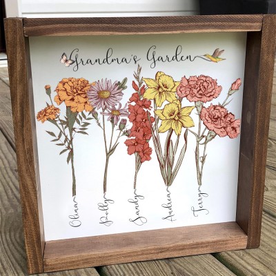 Custom Grandma's Garden Birth Flower Wood Sign With Grandkids Name For Mum Grandma Mother's Day Gift Ideas
