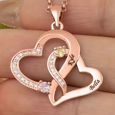 Custom Double Heart Necklace With 2 Names and Birthstones For Valentine's Day