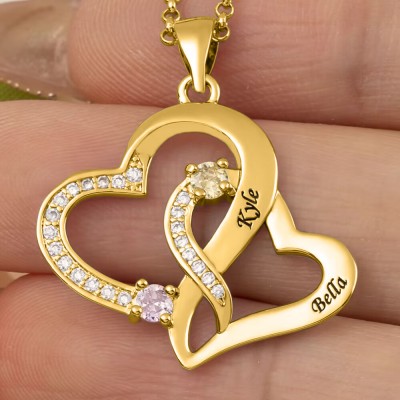 Custom Double Heart Necklace With 2 Names and Birthstones For Valentine's Day
