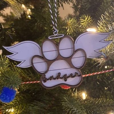 Personalised Wood Pet Paw Memorial Ornament with Wings Name Engraved