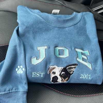 Personalised Dog Face Embroidered Sweatshirt Varsity Style For Pet Lover Gifts