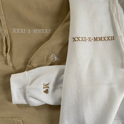Custom Embroidered Roman Numeral Sweatshirt Hoodie With Initial On Sleeve For Couple Valentine's Day Anniversary