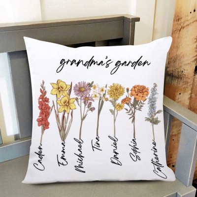 Personalized Grandma's Garden Birth Flower Pillow With Grandkids Name For Mother's Day