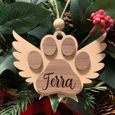 Personalised Wood Pet Paw Memorial Ornament with Wings Name Engraved