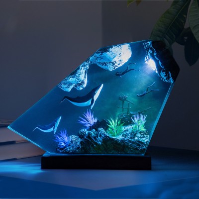 Humpback Whale and Two Diver Resin Wood Lamp Gifts For Ocean Lovers Couple
