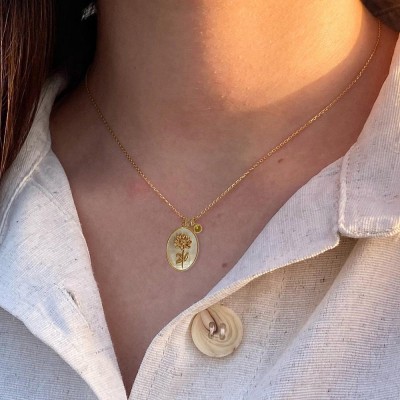 Personalised Dainty Birth Month Flower Mother Shell Gold Necklace With Birthstone For Mum