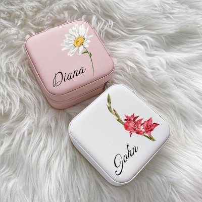 Personalised Birth Flower Jewelry Travel Box Bridesmaid Gift Case With Name