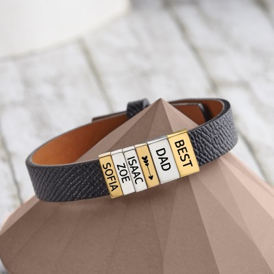 Personalised Leather Bracelet With Name and Symbol Beads Father's Day Gift for Him