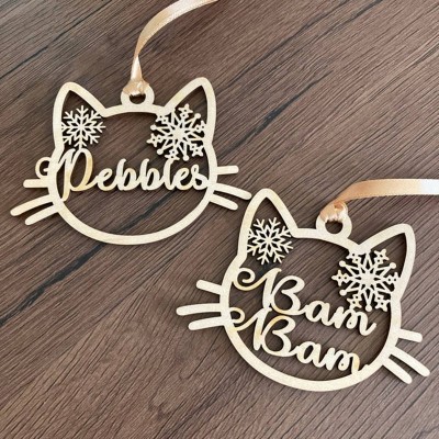 Personalised Wood Cat Christmas Ornament with Name Engraved