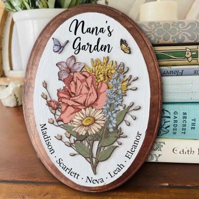 Custom Nana's Garden Birth Flower Bouquet Art Oval Wood Sign For Family Mom Grandma Christmas Gift
