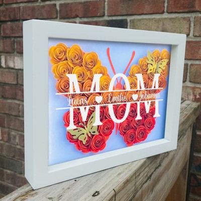 Custom Butterfly Mum Flower Shadow Box With Kids Name For Mother's Day Gift Ideas