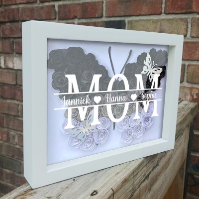 Custom Butterfly Mum Flower Shadow Box With Kids Name For Mother's Day Gift Ideas