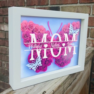 Custom Butterfly Mum Flower Shadow Box With Kids Name For Mother's Day Gift Ideas