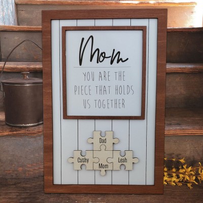 Mum Puzzle Sign Personalised Mother's Day Wood Sign Gift Ideas Piece That Holds Us Together