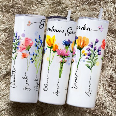 Personalised Grandma's Garden Tumbler With Grandkids Name and Birth Month Flower For Mother's Day