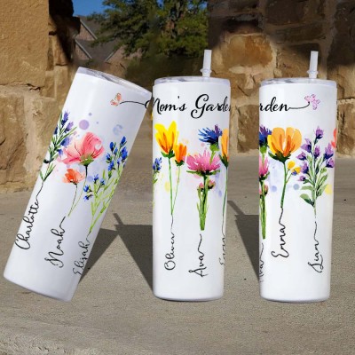 Personalised Mum's Garden Tumbler With Kids Name and Birth Month Flower For Mother's Day