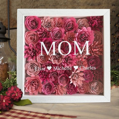 Personalised Mum Flower Shadow Box With Kids Name For Grandma Mum Mother's Day Gift