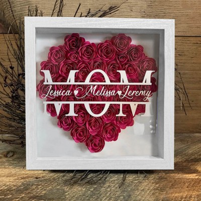 Custom  Mum Heart Flower Shadow Box With Kids Name For Grandma Mum Mother's Day Birthday Gift