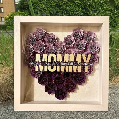 Personalised Mum Heart Flower Shadow Box With Kids Name For Mother's Day Birthday