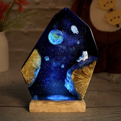 Earth and Astronaut Epoxy Resin Wood Lamp Christmas Gifts