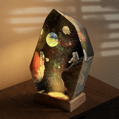 Earth and Astronaut Epoxy Resin Wood Lamp Christmas Gifts