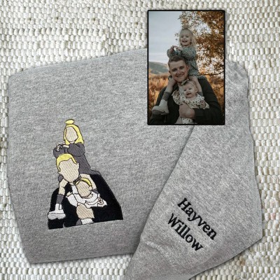 Custom Embroidered Dad Sweatshirt From Portrait with Kid Name Fathers Day or Birthday Gift for Dad
