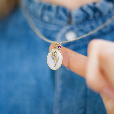 Personalised Dainty Birth Month Flower Mother Shell Gold Necklace With Birthstone For Mum