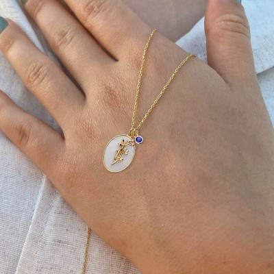 Personalised Dainty Birth Month Flower Mother Shell Gold Necklace With Birthstone For Mum