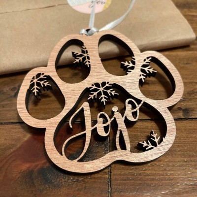Personalised Wood Pet Paw Christmas Ornament with Name Engraved