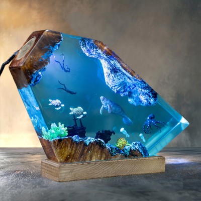 Manatee and Octopus Resin Wood Lamp Gifts For Ocean Lovers