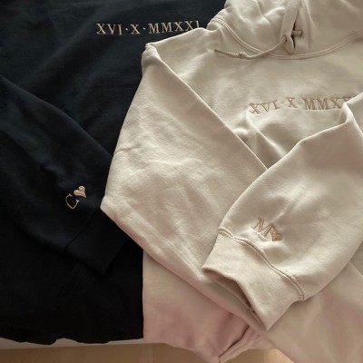 Custom Embroidered Roman Numeral Sweatshirt Hoodie With Initial On Sleeve For Couple Valentine's Day Anniversary